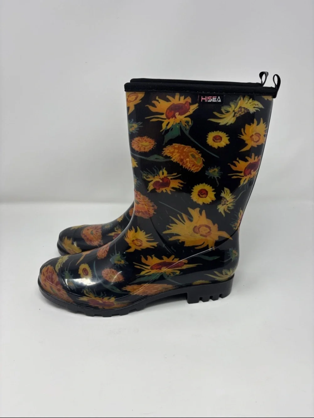Black‎ Floral Sunflower Rain Boots 7